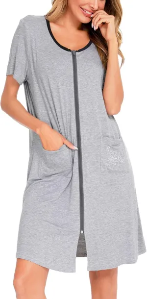 SWOMOG Women's Zip Up Housecoat Zipper Front Robe Lightweight Bathrobe Short Sleeve Loungewear Nightgowns with Pockets
