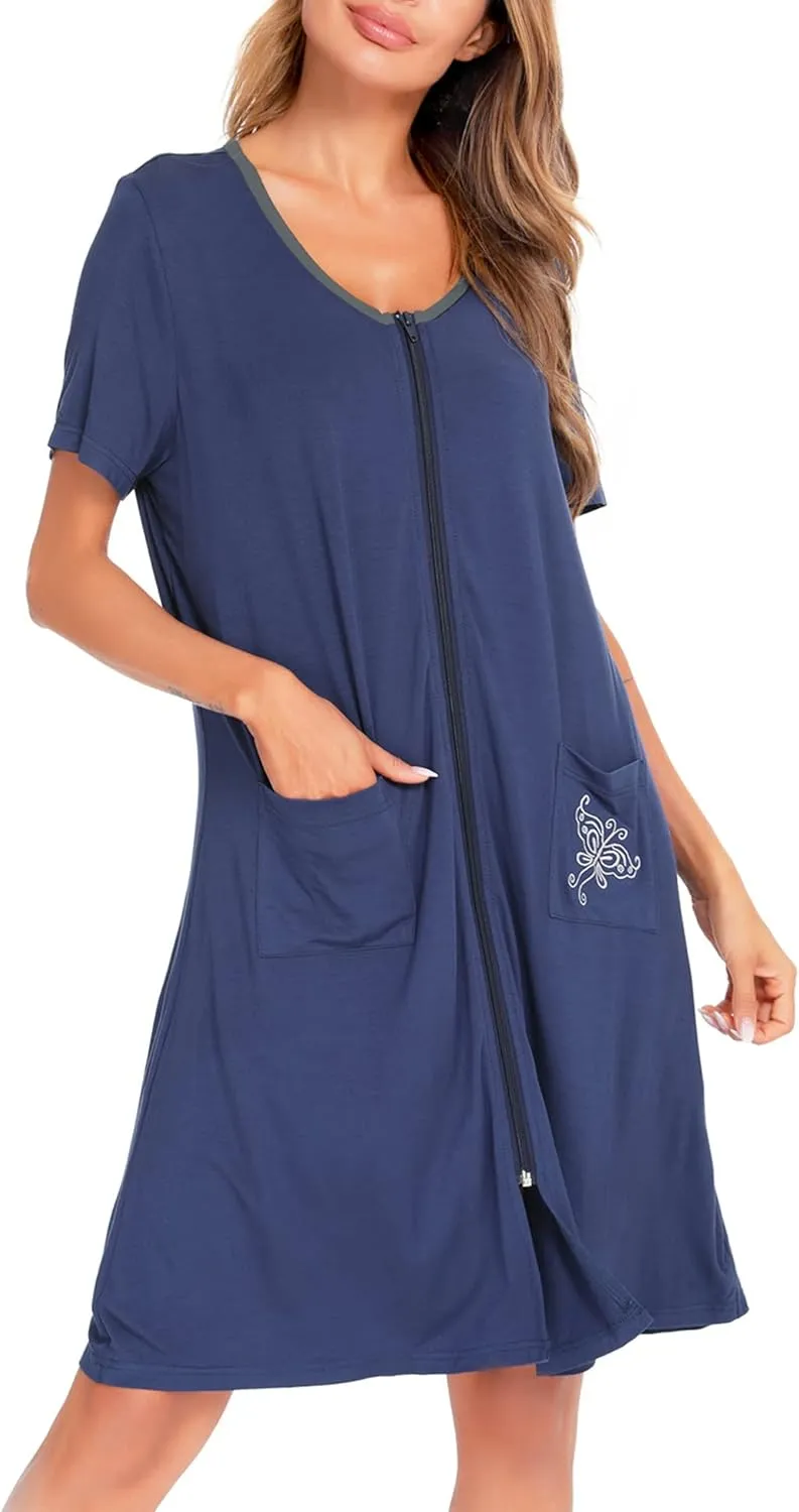 SWOMOG Women's Zip Up Housecoat Zipper Front Robe Lightweight Bathrobe Short Sleeve Loungewear Nightgowns with Pockets
