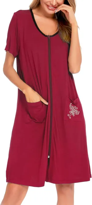 SWOMOG Women's Zip Up Housecoat Zipper Front Robe Lightweight Bathrobe Short Sleeve Loungewear Nightgowns with Pockets