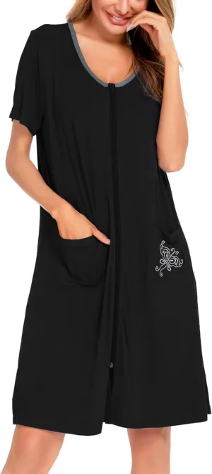 SWOMOG Women's Zip Up Housecoat Zipper Front Robe Lightweight Bathrobe Short Sleeve Loungewear Nightgowns with Pockets