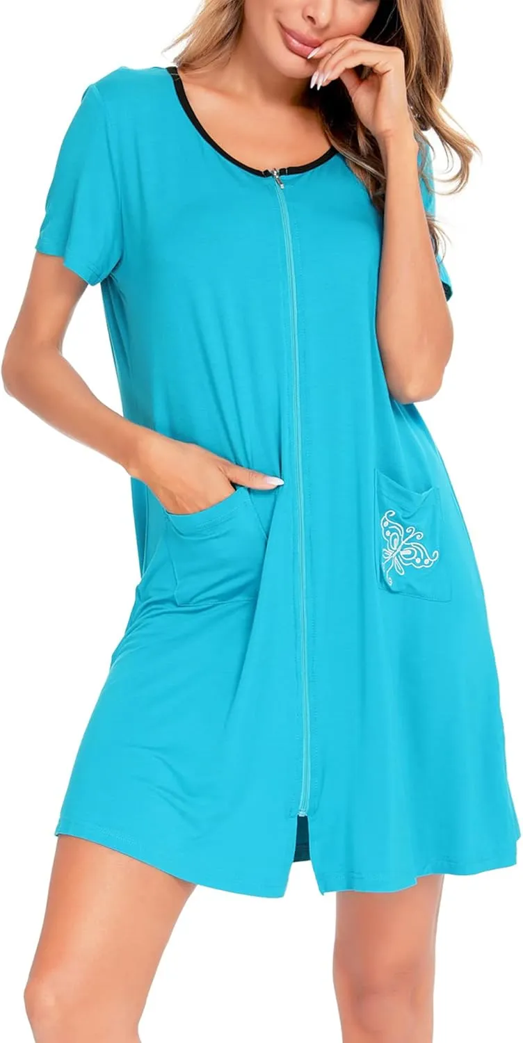 SWOMOG Women's Zip Up Housecoat Zipper Front Robe Lightweight Bathrobe Short Sleeve Loungewear Nightgowns with Pockets