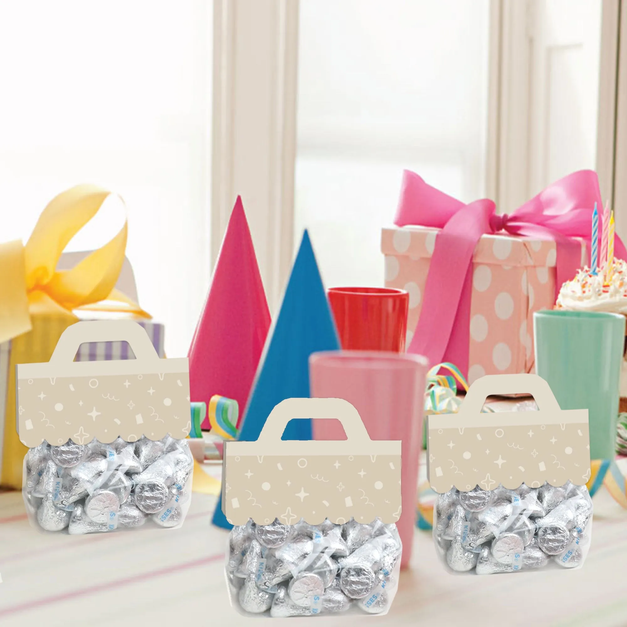 Tan Confetti Stars - DIY Simple Party Clear Goodie Favor Bag Labels - Candy Bags with Toppers - Set of 24