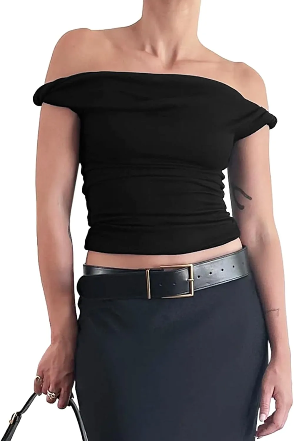 Tankaneo Womens Off The Shoulder Top Sleeveless Slim Fit Stretchy Tank Top Y2k Casual T Shirts