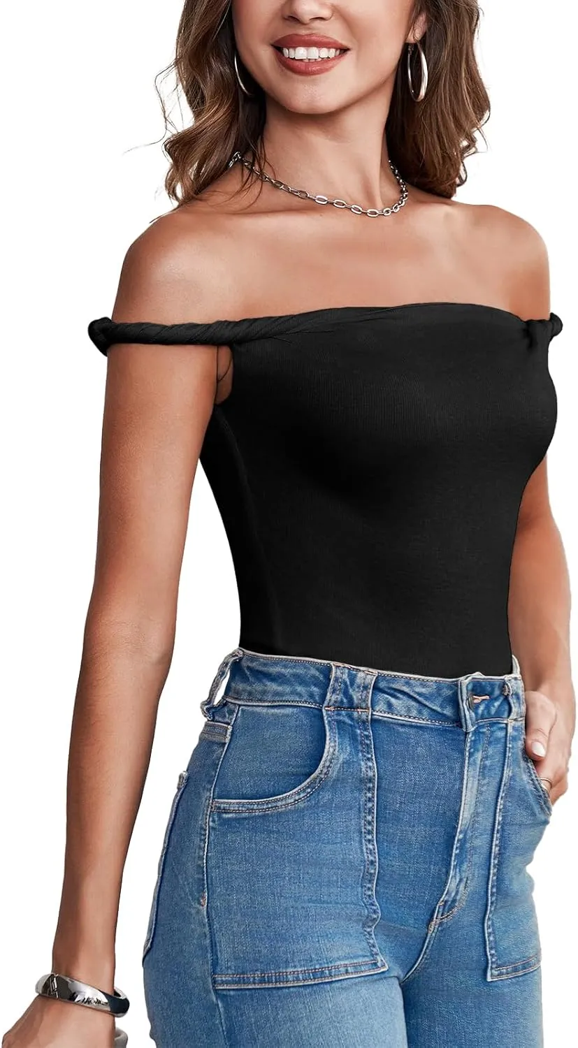 Tankaneo Womens Off The Shoulder Top Sleeveless Slim Fit Stretchy Tank Top Y2k Casual T Shirts