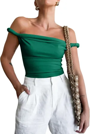 Tankaneo Womens Off The Shoulder Top Sleeveless Slim Fit Stretchy Tank Top Y2k Casual T Shirts