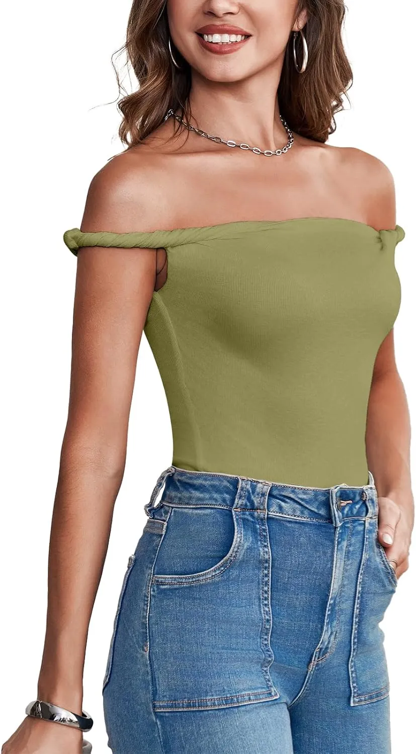 Tankaneo Womens Off The Shoulder Top Sleeveless Slim Fit Stretchy Tank Top Y2k Casual T Shirts
