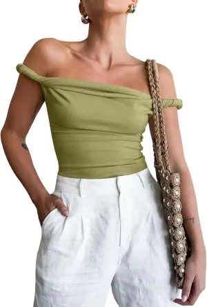 Tankaneo Womens Off The Shoulder Top Sleeveless Slim Fit Stretchy Tank Top Y2k Casual T Shirts