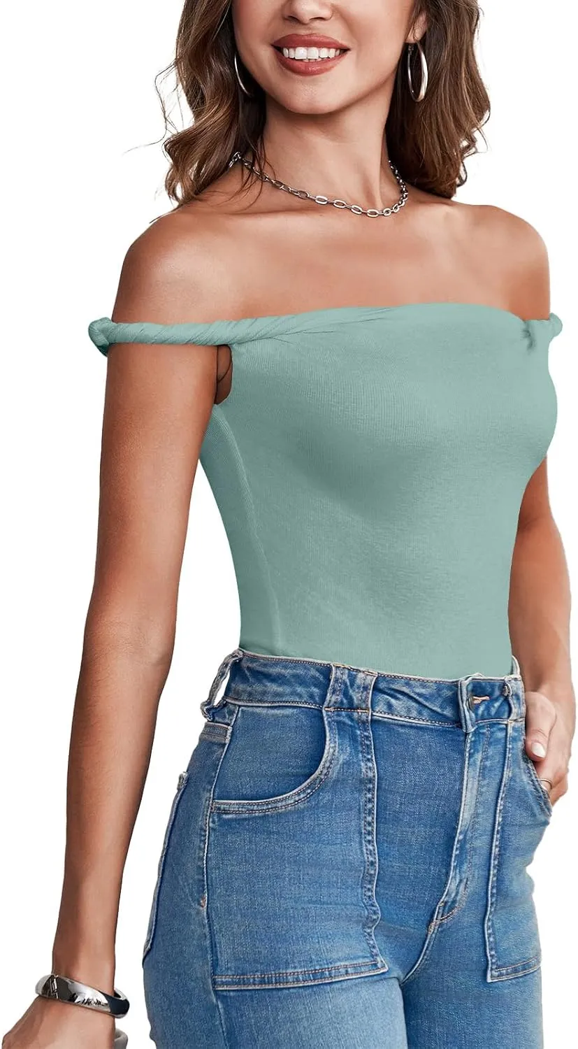Tankaneo Womens Off The Shoulder Top Sleeveless Slim Fit Stretchy Tank Top Y2k Casual T Shirts