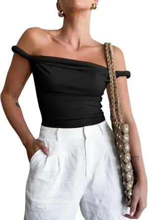Tankaneo Womens Off The Shoulder Top Sleeveless Slim Fit Stretchy Tank Top Y2k Casual T Shirts