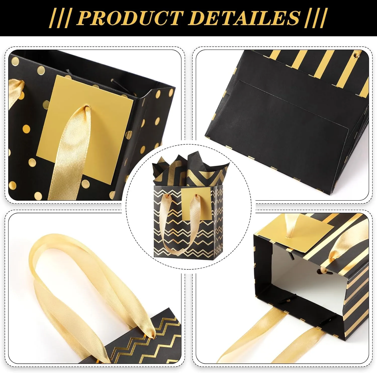 Tenare 24 Pcs Mini Metallic Gift Bags with Handles and Tissue Paper – Small Gift Bags for Graduation, Father's Day, 4th of July, Summer Party Favors(Black Gold,7 * 4 * 9 Inch)