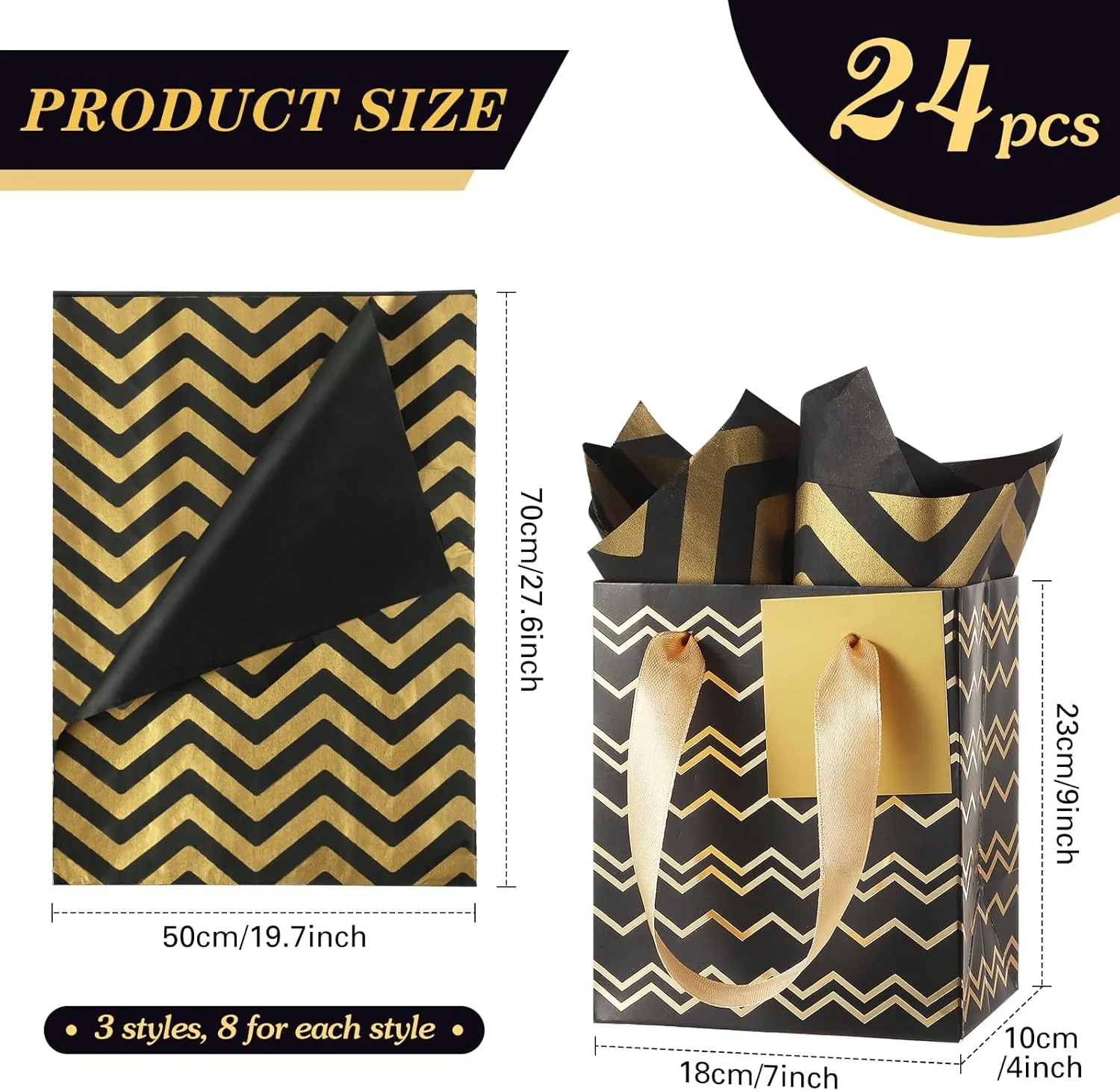 Tenare 24 Pcs Mini Metallic Gift Bags with Handles and Tissue Paper – Small Gift Bags for Graduation, Father's Day, 4th of July, Summer Party Favors(Black Gold,7 * 4 * 9 Inch)