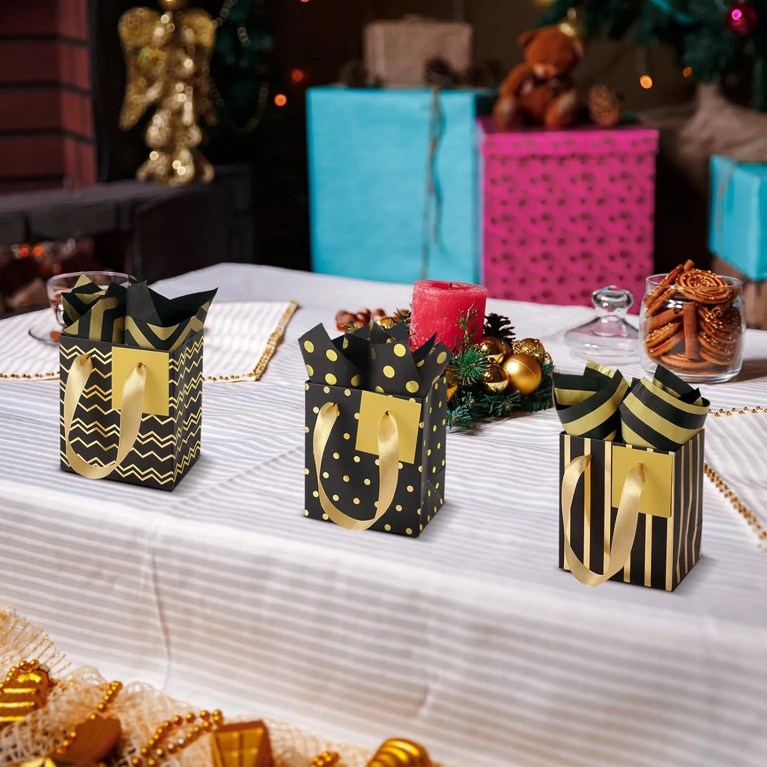 Tenare 24 Pcs Mini Metallic Gift Bags with Handles and Tissue Paper – Small Gift Bags for Graduation, Father's Day, 4th of July, Summer Party Favors(Black Gold,7 * 4 * 9 Inch)