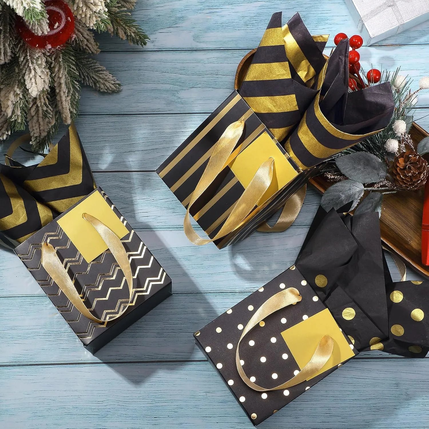 Tenare 24 Pcs Mini Metallic Gift Bags with Handles and Tissue Paper – Small Gift Bags for Graduation, Father's Day, 4th of July, Summer Party Favors(Black Gold,7 * 4 * 9 Inch)