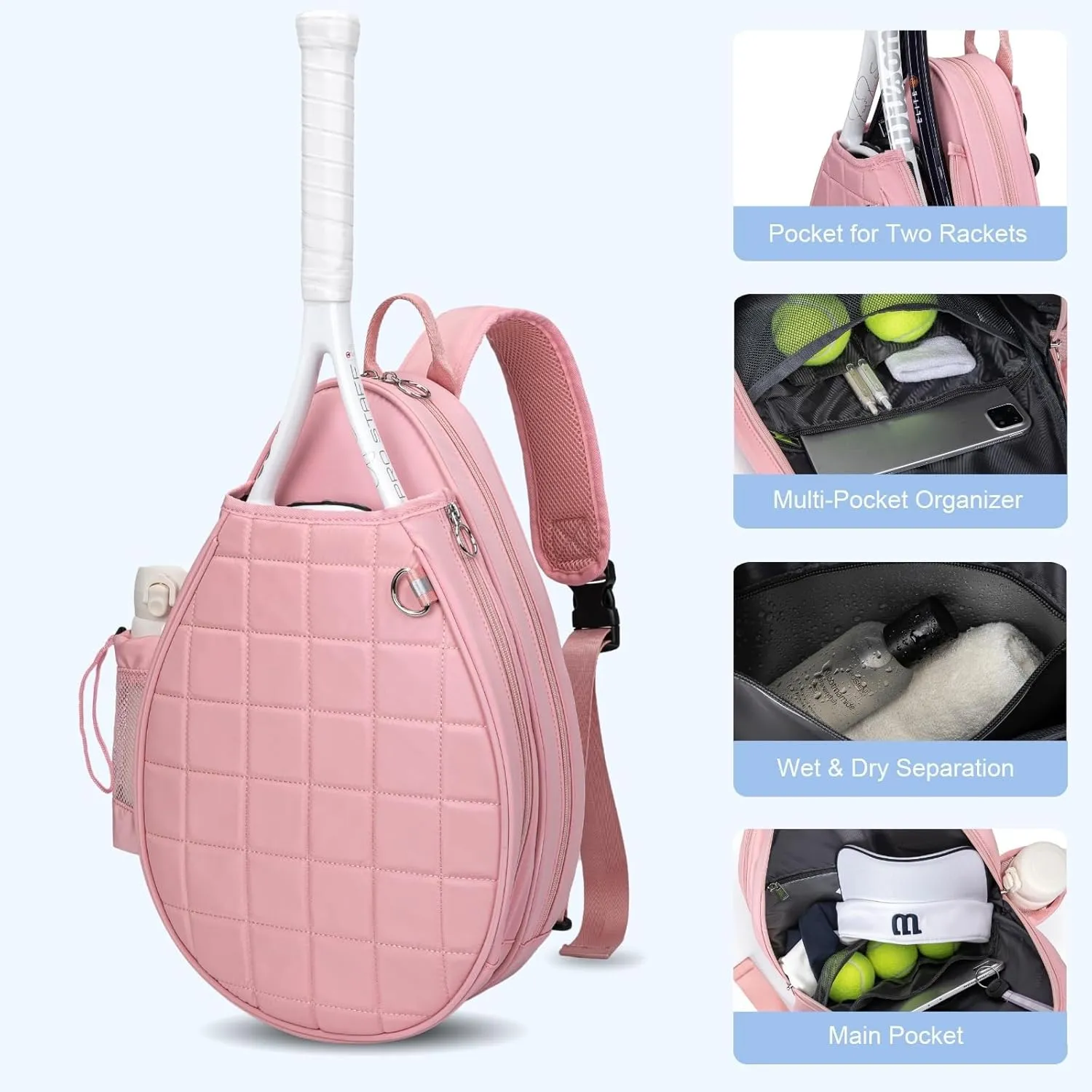 Tennis Bag, Quilted Tennis Backpack Holds 2 Rackets, Waterproof Crossbody Sling Pickleball Bags for Women, Men and Youth