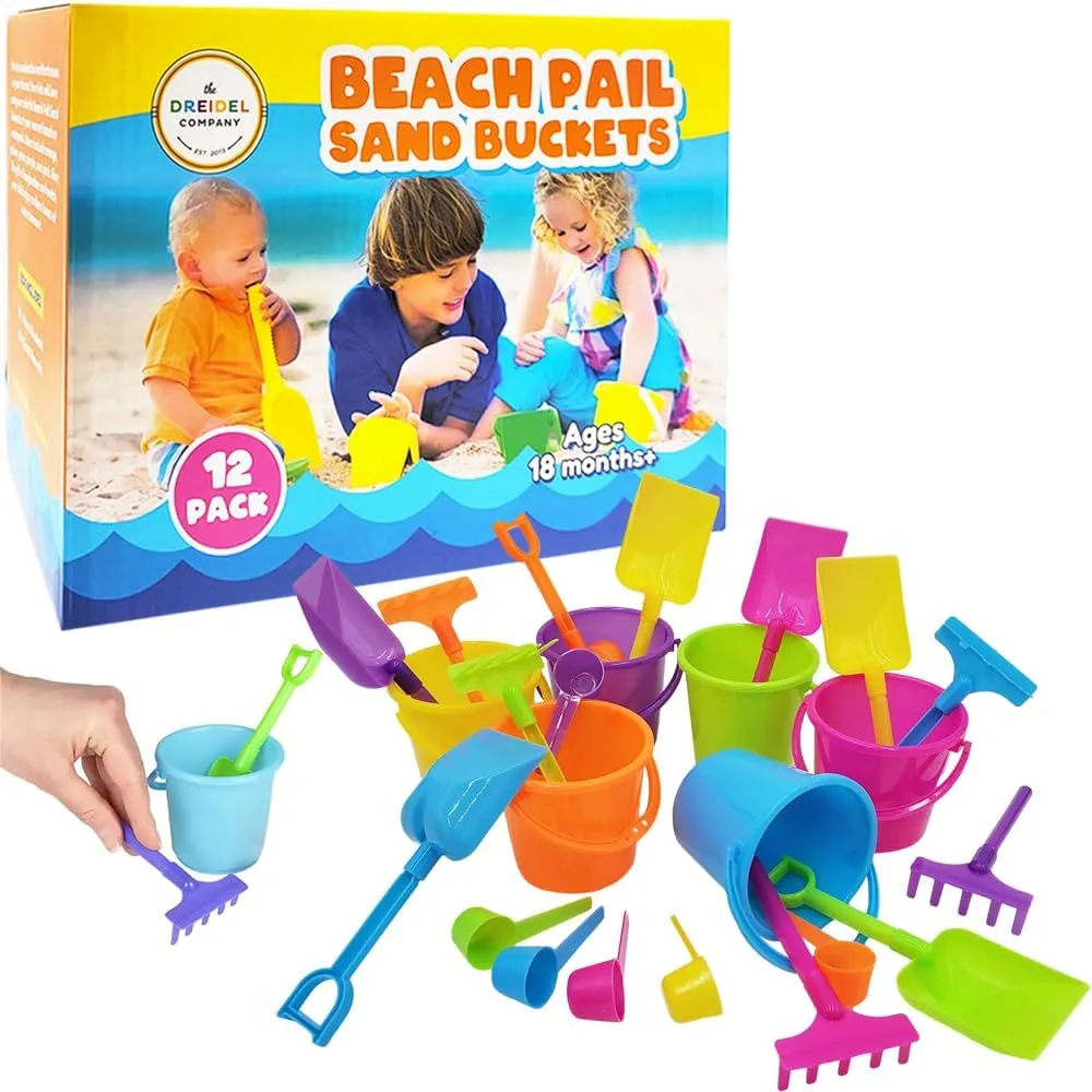 The Dreidel Company Mini Beach Playsets (24-Pack), Play Set Includes 1 Sand Bucket, 1 Shovel, 1 Rake, and 1 Scoop, Birthday Treats for Boys and Girls, Party Favors for Kids and Toddlers