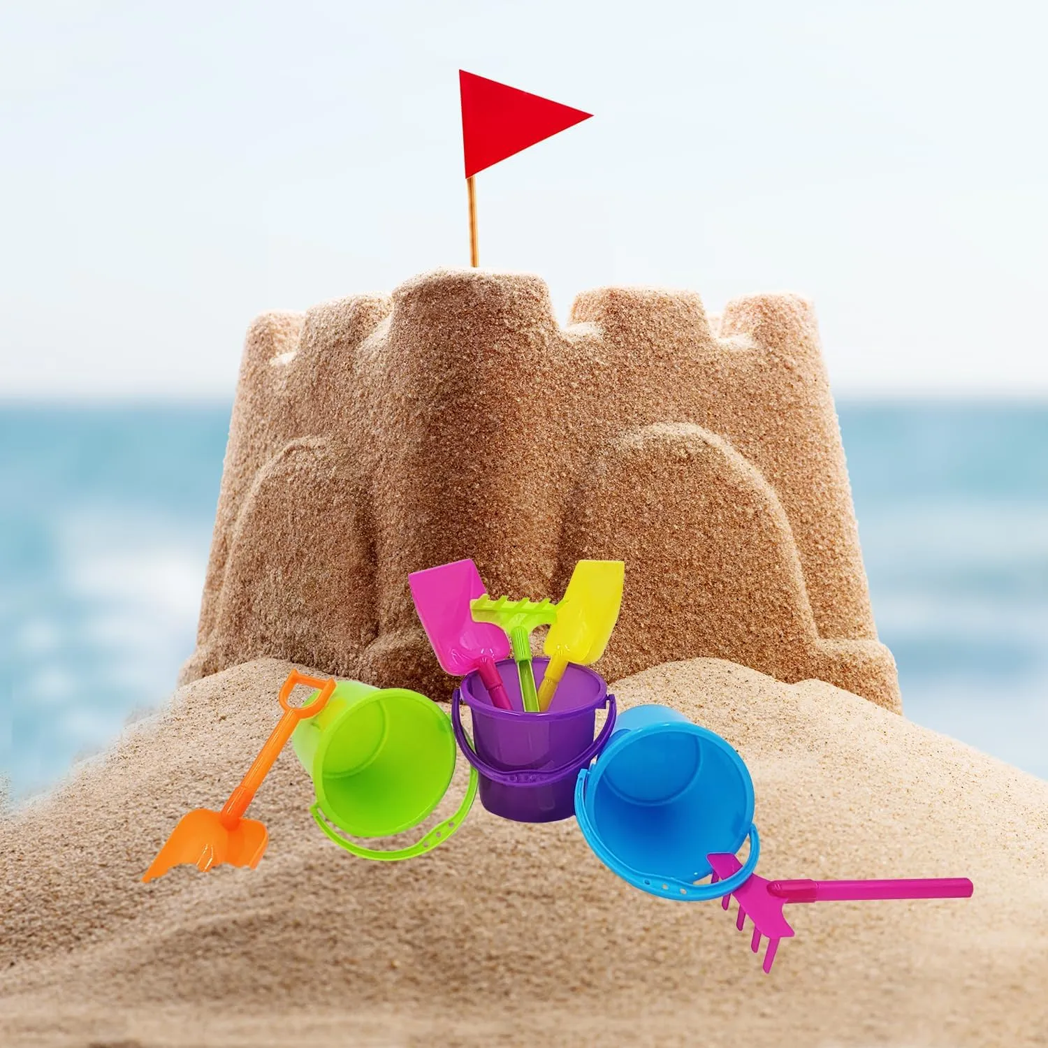The Dreidel Company Mini Beach Playsets (24-Pack), Play Set Includes 1 Sand Bucket, 1 Shovel, 1 Rake, and 1 Scoop, Birthday Treats for Boys and Girls, Party Favors for Kids and Toddlers