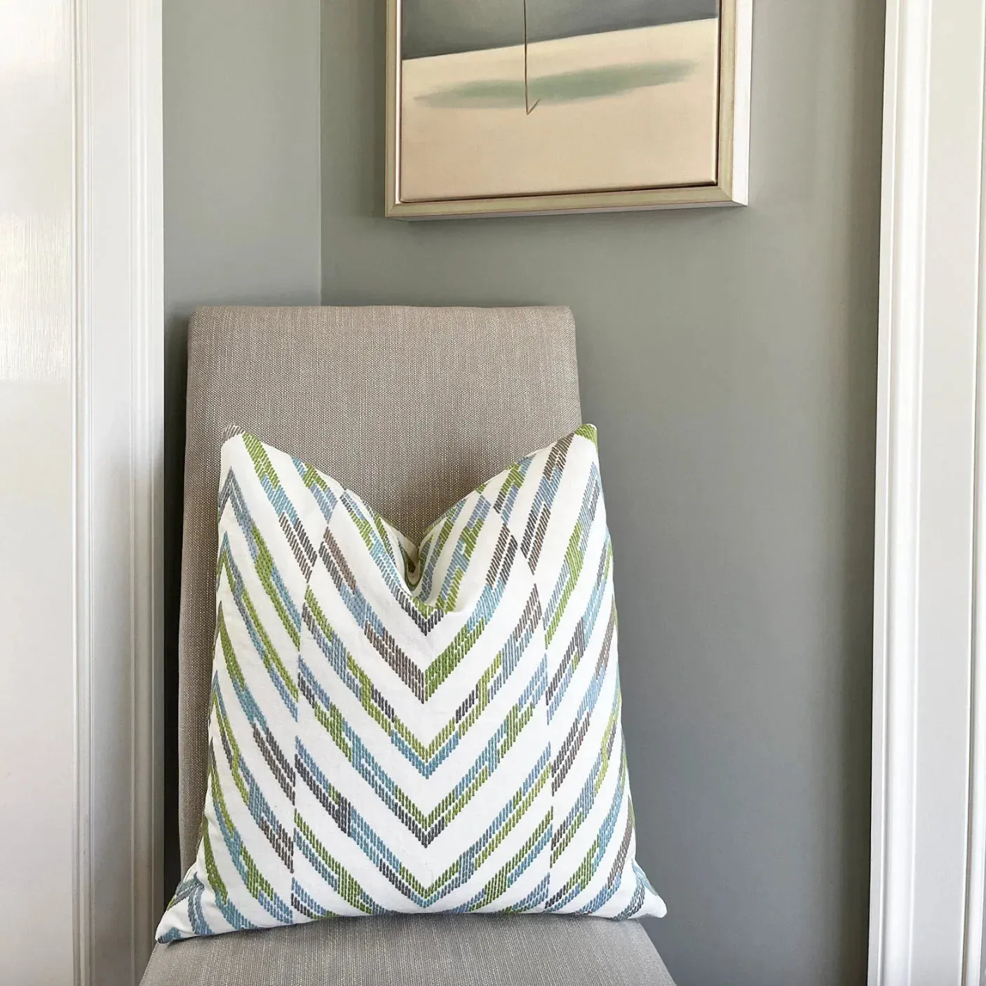 Thibaut Hamilton Embroidery Spa Blue White Throw Pillow