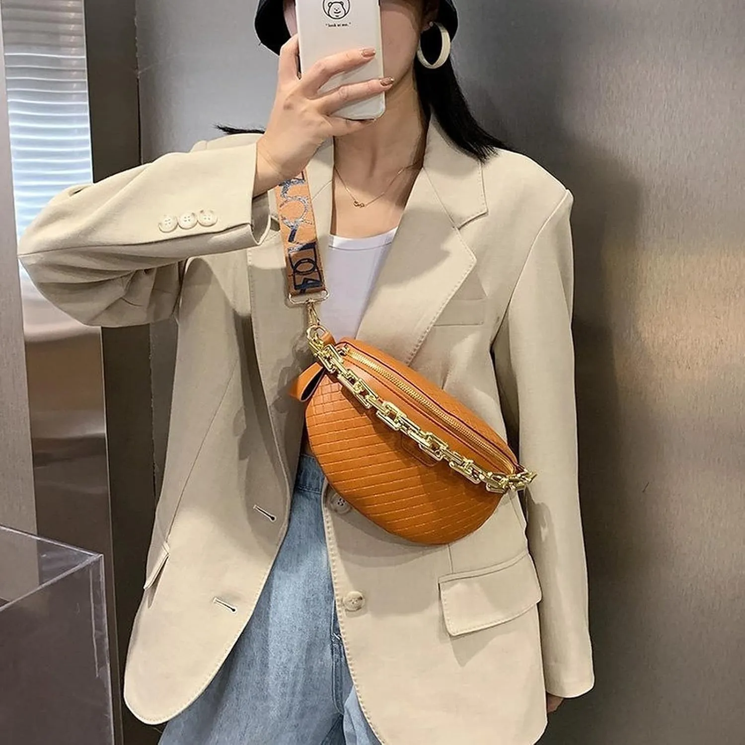 Thick Chain Women's Fanny Pack Plaid leather Waist Bag Shoulder Crossbody Chest Bags Luxury Designer Handbags Female Belt Bag (Brown)