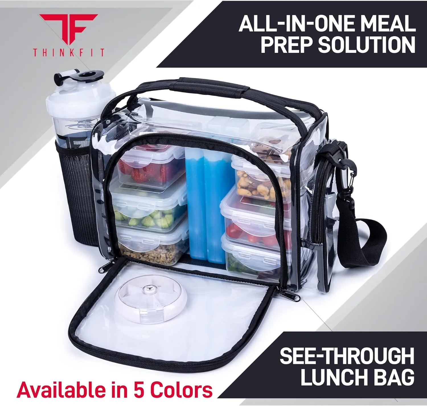 ThinkFit Clear Lunch Bag with 6 Meal Prep Containers - BPA-Free, Reusable, Microwave   Freezer Safe - With Shaker Cup and more! Clear Lunch Box - Transparent Bag for Work