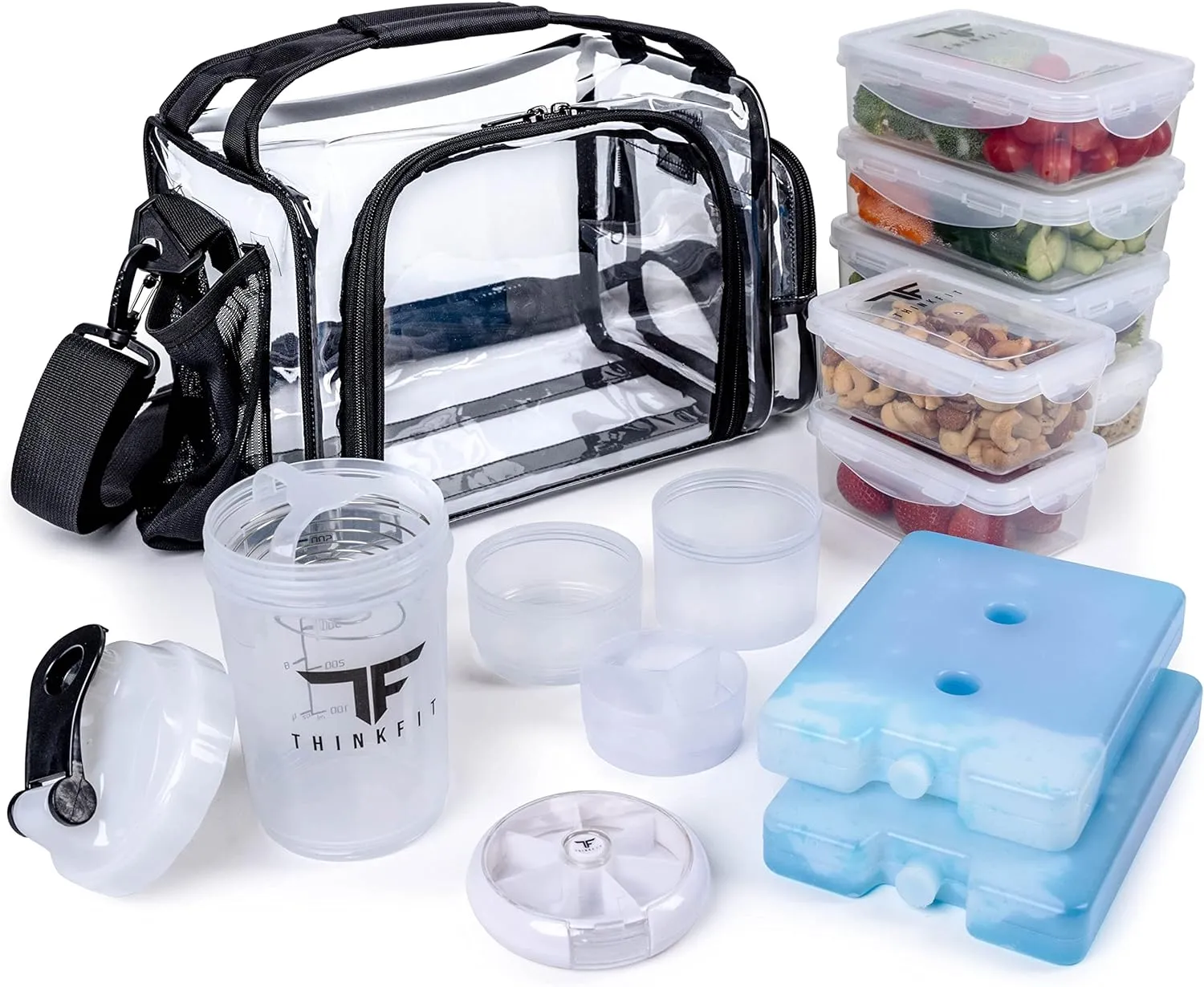 ThinkFit Clear Lunch Bag with 6 Meal Prep Containers - BPA-Free, Reusable, Microwave   Freezer Safe - With Shaker Cup and more! Clear Lunch Box - Transparent Bag for Work