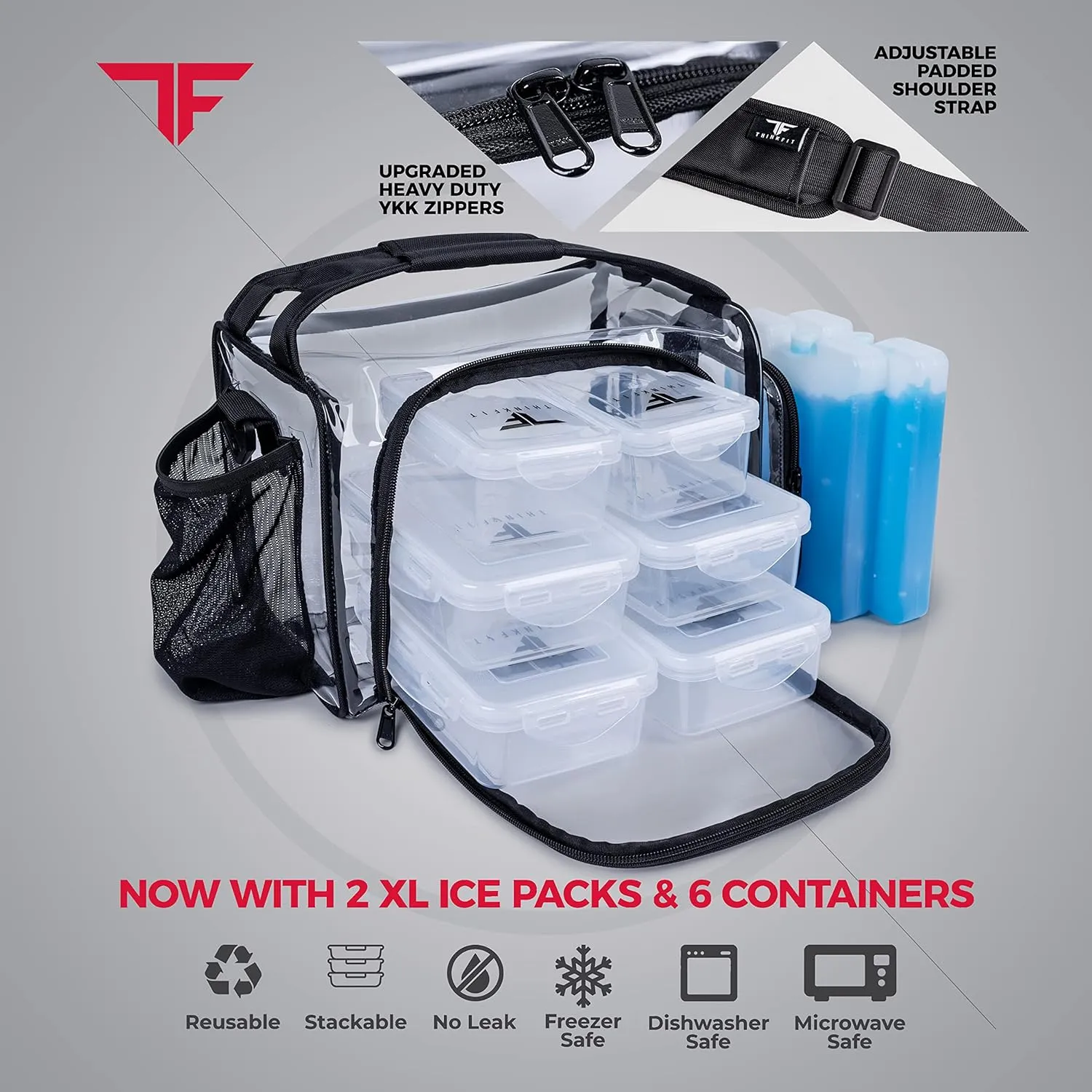 ThinkFit Clear Lunch Bag with 6 Meal Prep Containers - BPA-Free, Reusable, Microwave   Freezer Safe - With Shaker Cup and more! Clear Lunch Box - Transparent Bag for Work