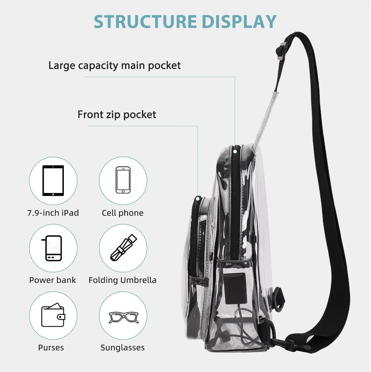 TINYAT Clear Sling Bag Stadium Approved Transparent Bag Crossbody Casual Shoulder Chest Bag for Men Women,T9060