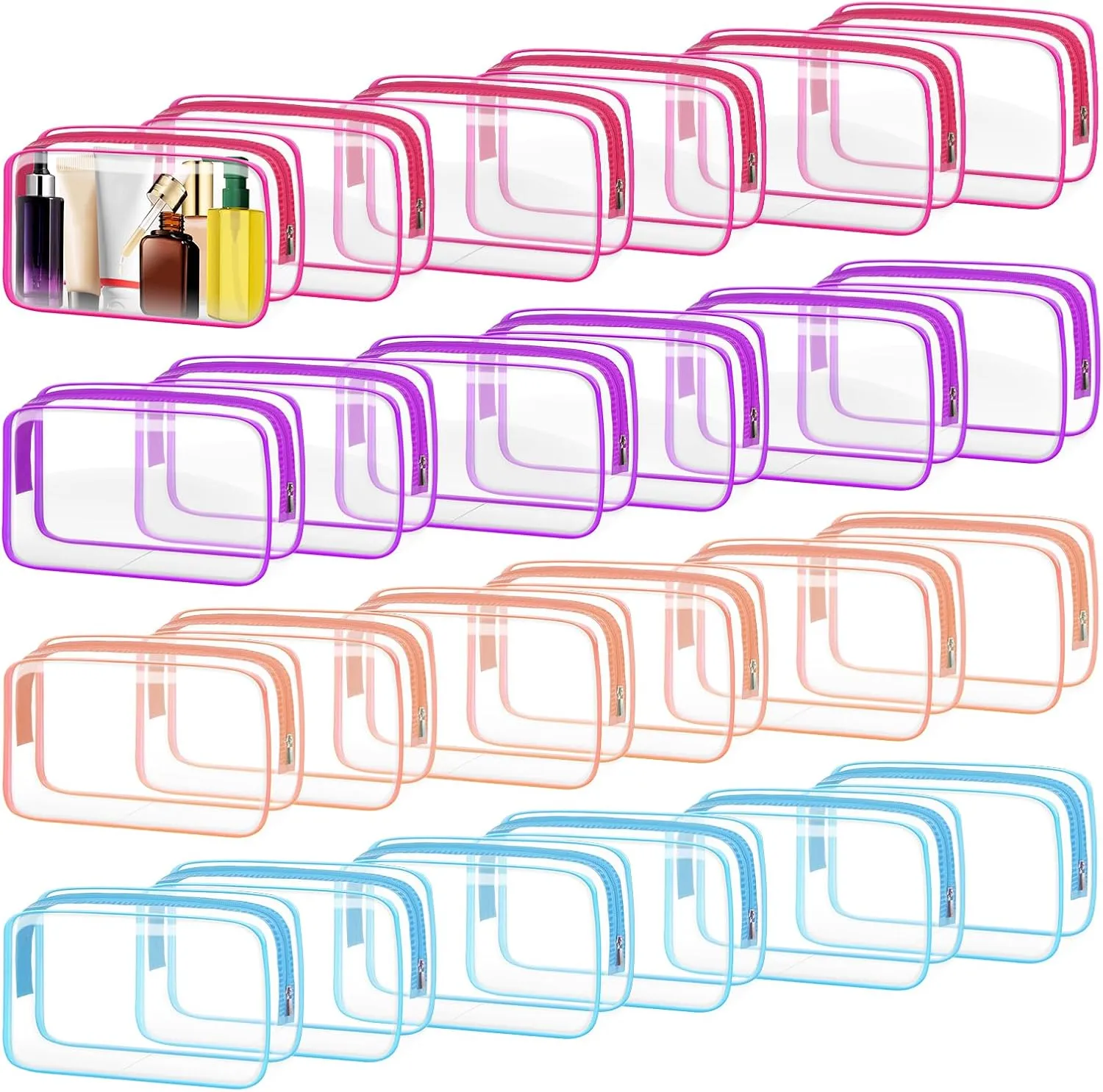 TISRATOK 24 PCS Clear Toiletry Bag, Cosmetic Bag for Travel Makeup Organizer TSA Approved Pouch - Multicolor, Medium