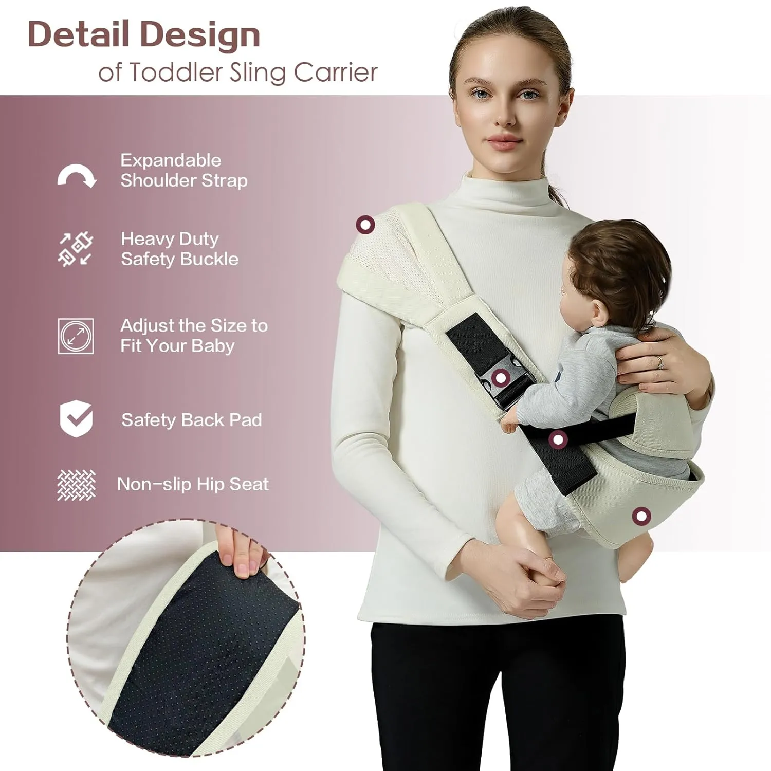 Toddler Sling Carrier, Toddler Carrier Sling Easy to Use, Baby Sling Hip Carriers with Backrest, Beige