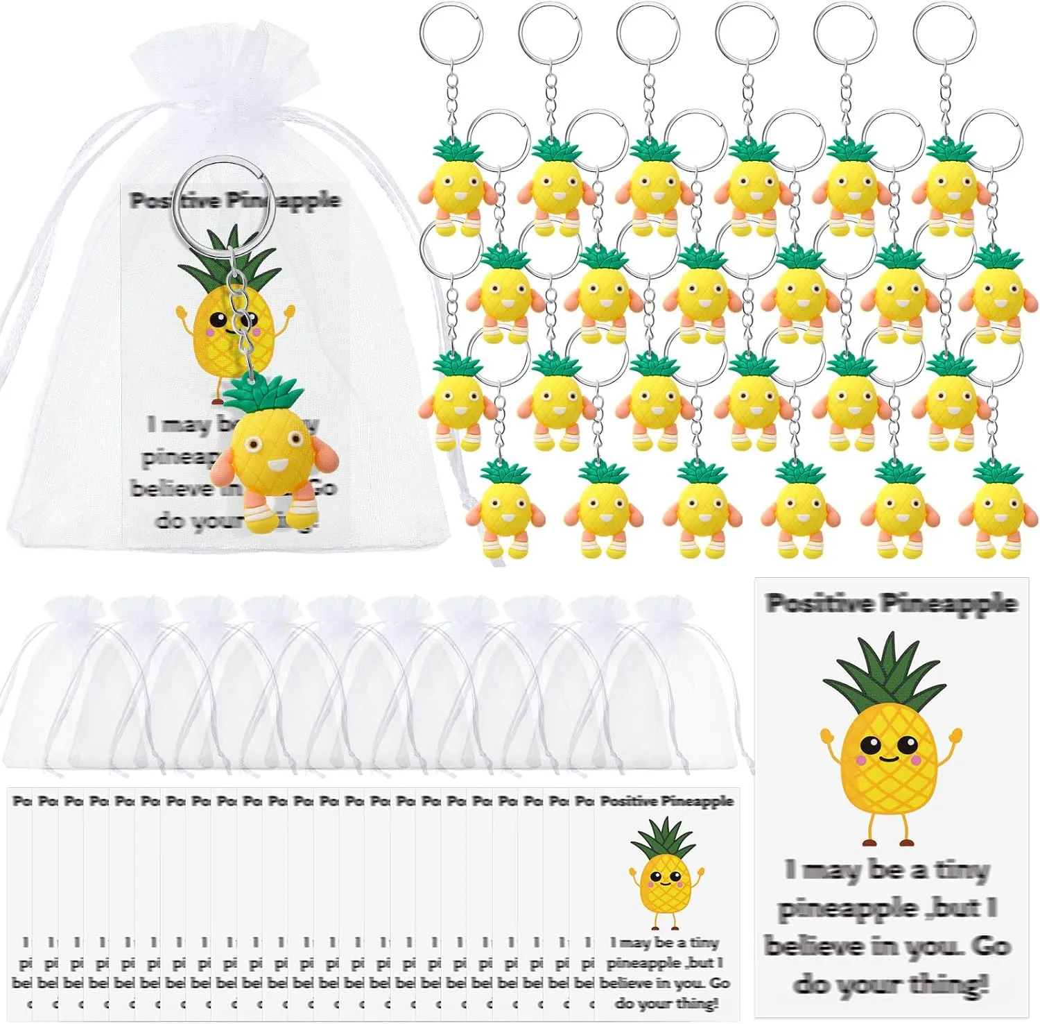 Tondiamo 24 Set Pineapple Positive Keychains bulk Gift Emotional Encourage Support Keychains with Funny Card Graduation Employee Appreciation Gift