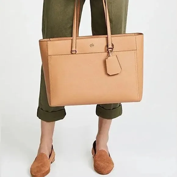 TORY BURCH ROBINSON CAMEL SAFFIANO LEATHER TOTE