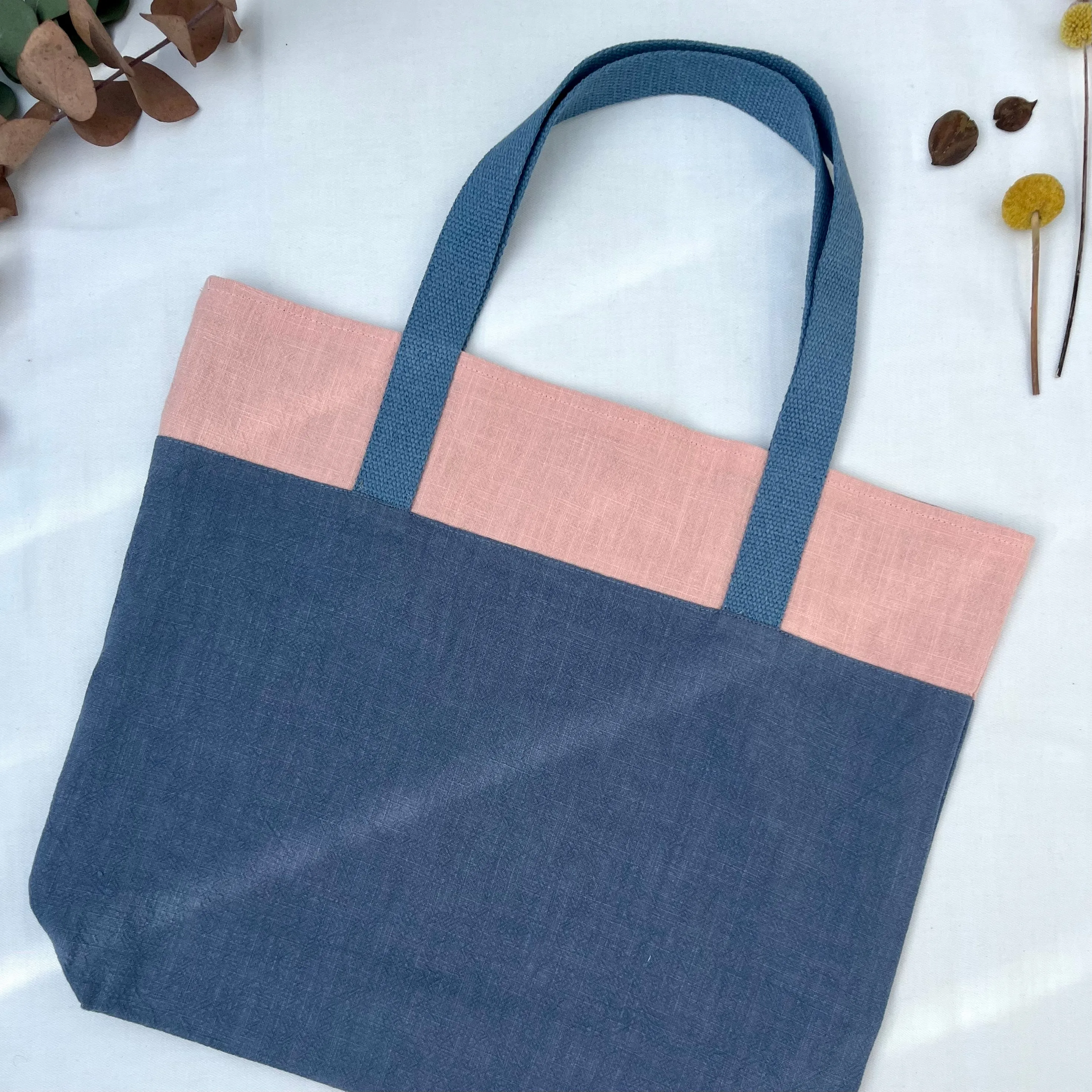 Tote bag. 100% Irish linen tote bag. Stonewashed pink and blue linen.