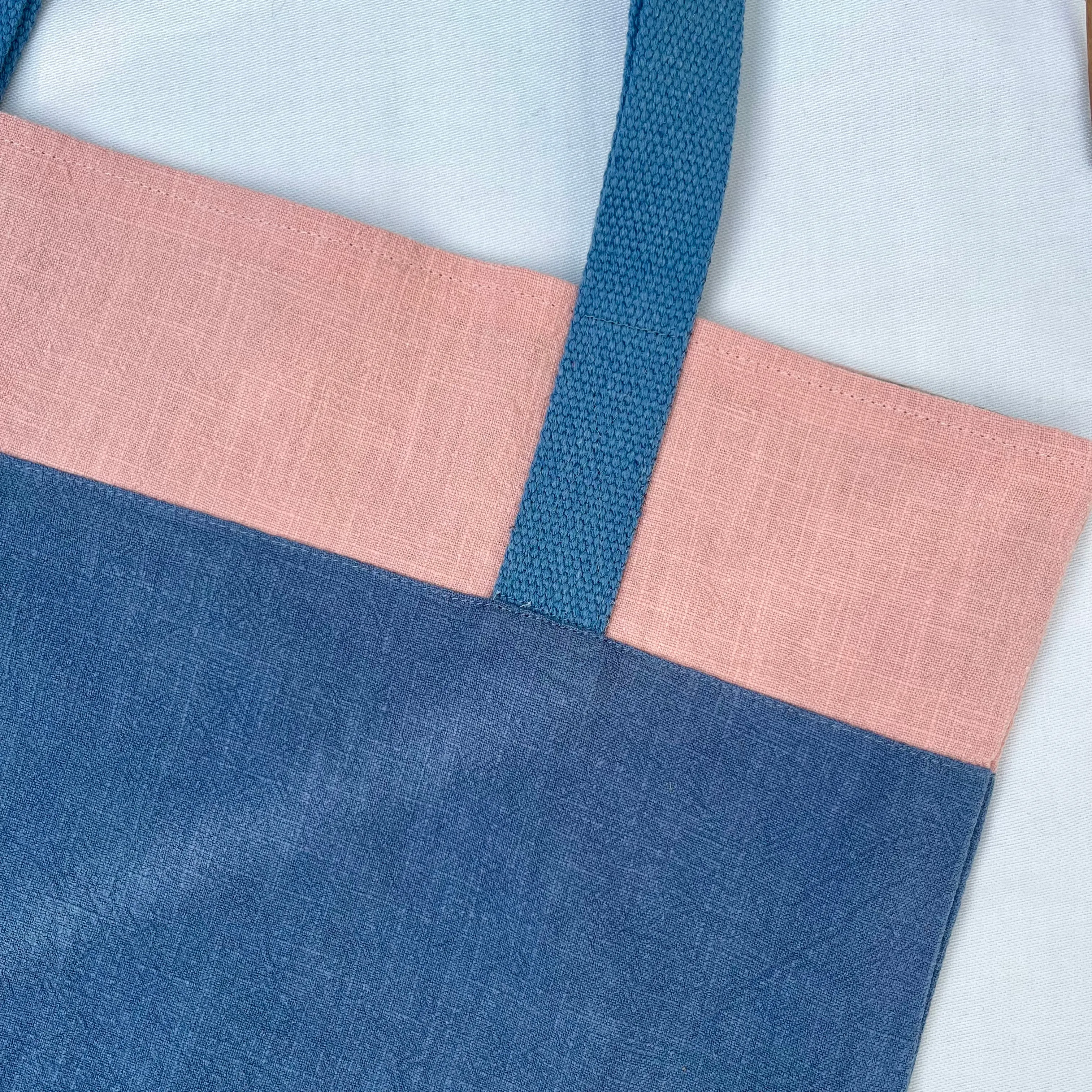 Tote bag. 100% Irish linen tote bag. Stonewashed pink and blue linen.