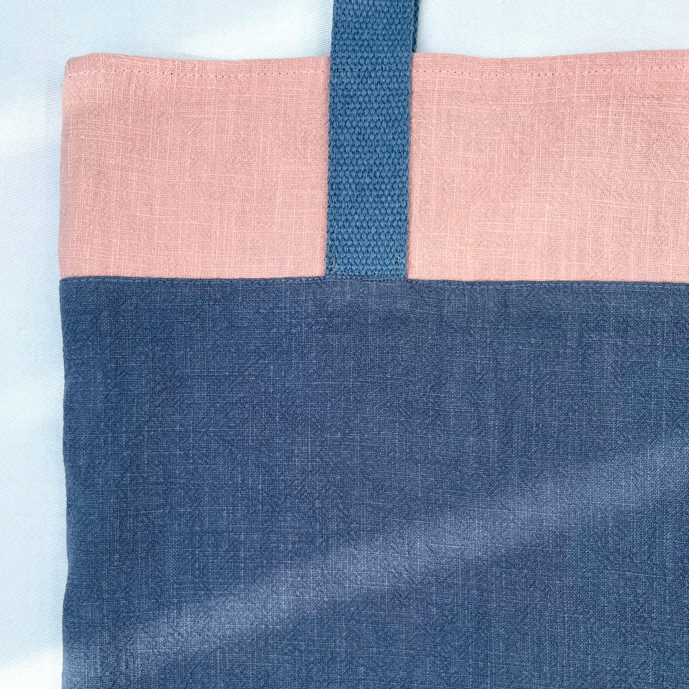 Tote bag. 100% Irish linen tote bag. Stonewashed pink and blue linen.