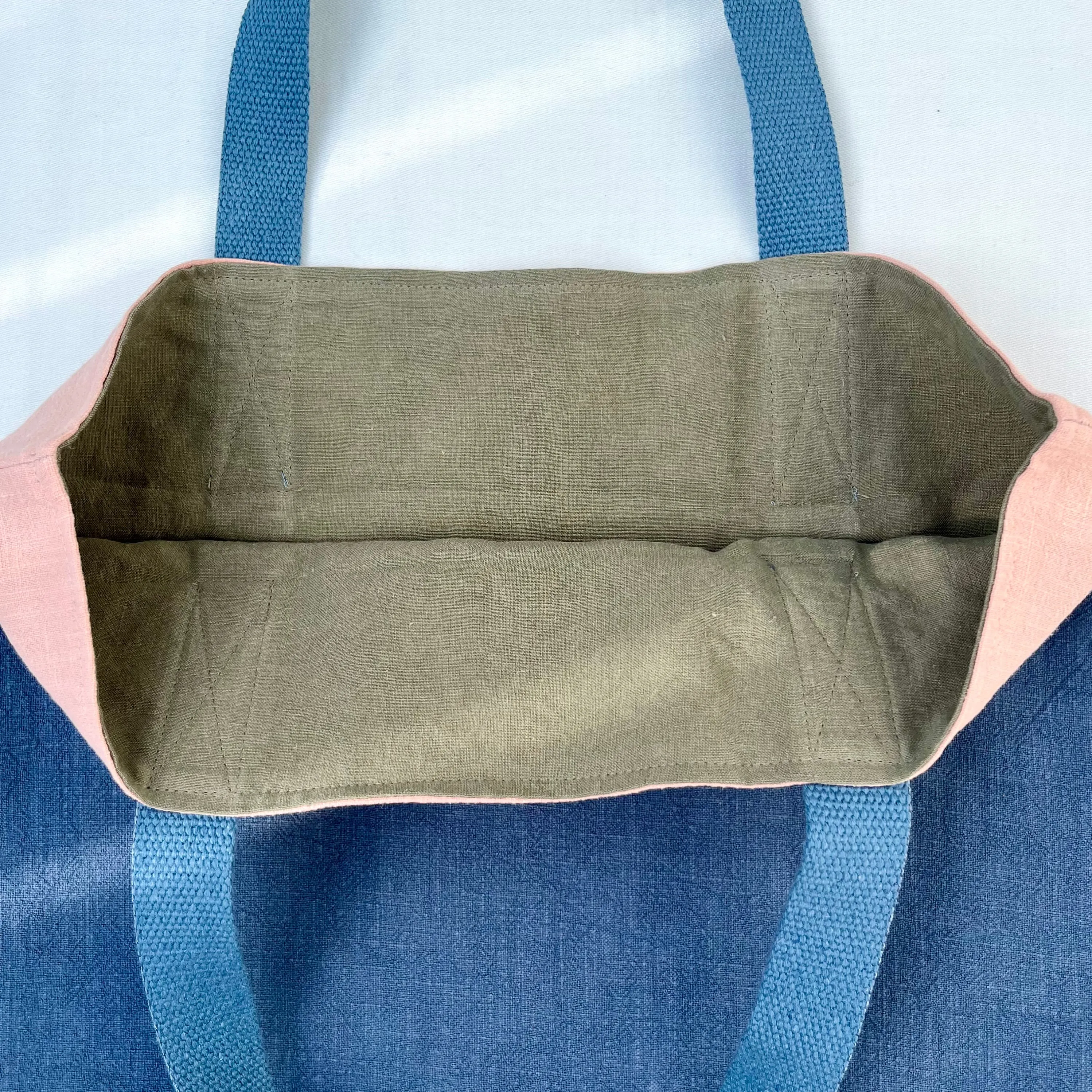 Tote bag. 100% Irish linen tote bag. Stonewashed pink and blue linen.
