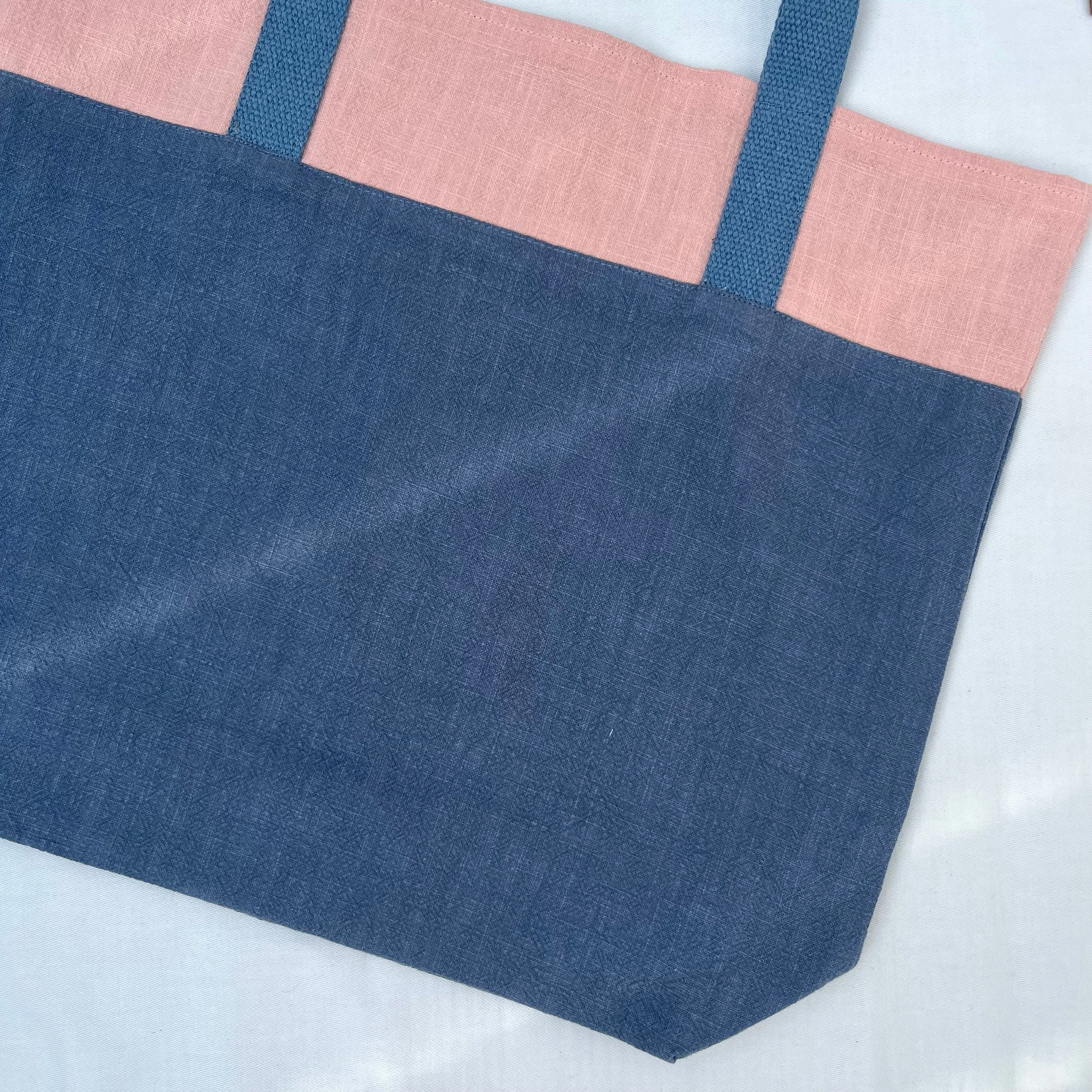 Tote bag. 100% Irish linen tote bag. Stonewashed pink and blue linen.