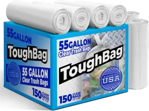 ToughBag 55 Gallon Clear Trash Bags Heavy Duty (150 Count) - Large Lawn and Leaf Trash Can Liners 55-60 Gallon - Made in USA