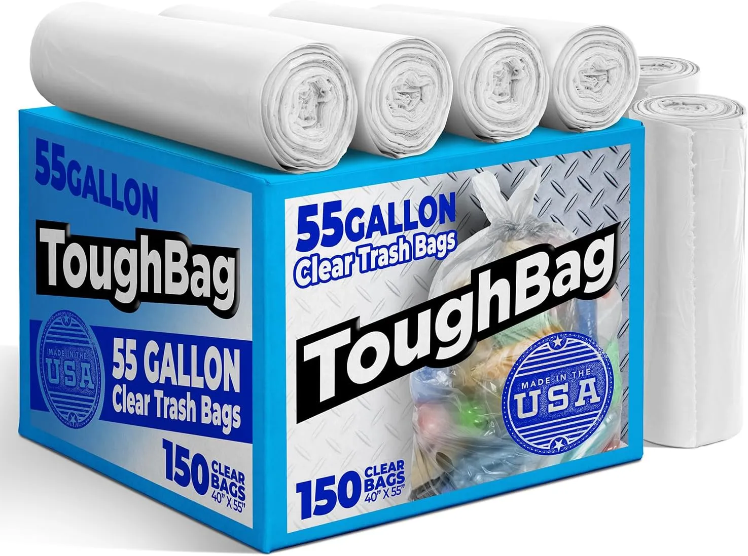 ToughBag 55 Gallon Clear Trash Bags Heavy Duty (150 Count) - Large Lawn and Leaf Trash Can Liners 55-60 Gallon - Made in USA