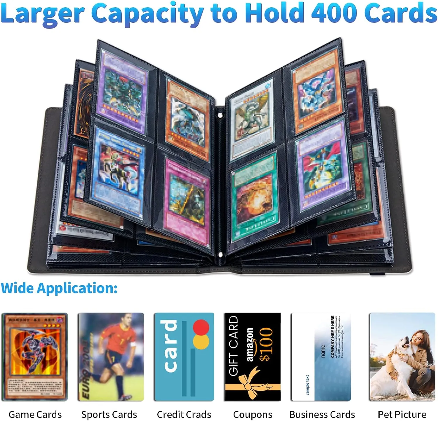 Trading Card Binder with 50 Sleeves, 4 Pocket Waterproof Card Book Holder Fits 400 Cards for Trading Cards, Football Cards, Pet Picture, Side Loading, Purple Galaxy Cat Moon