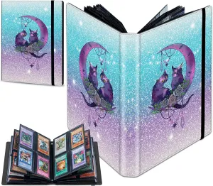 Trading Card Binder with 50 Sleeves, 4 Pocket Waterproof Card Book Holder Fits 400 Cards for Trading Cards, Football Cards, Pet Picture, Side Loading, Purple Galaxy Cat Moon