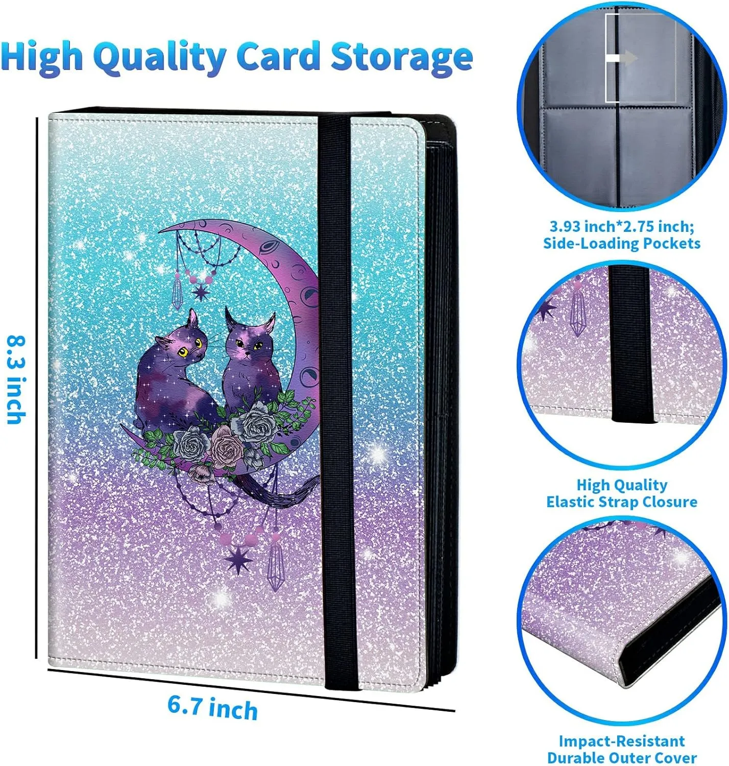 Trading Card Binder with 50 Sleeves, 4 Pocket Waterproof Card Book Holder Fits 400 Cards for Trading Cards, Football Cards, Pet Picture, Side Loading, Purple Galaxy Cat Moon
