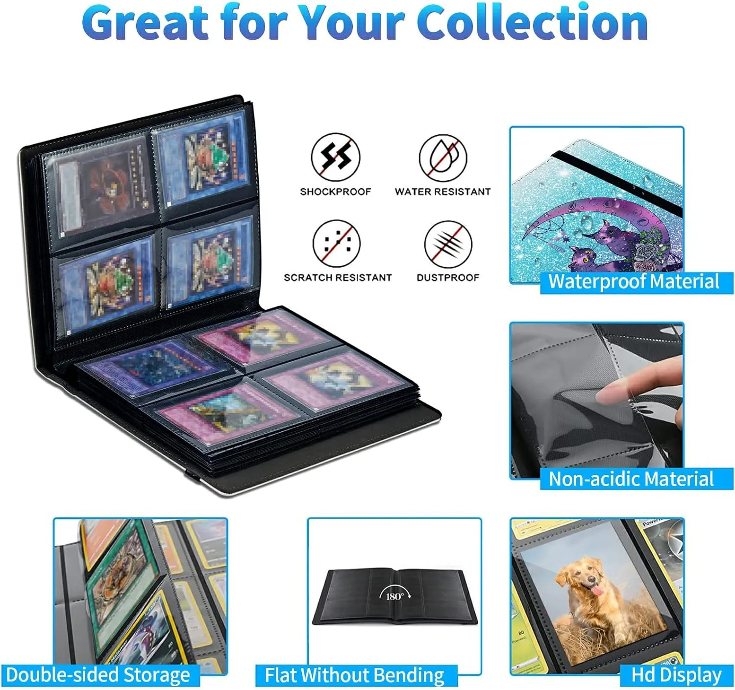Trading Card Binder with 50 Sleeves, 4 Pocket Waterproof Card Book Holder Fits 400 Cards for Trading Cards, Football Cards, Pet Picture, Side Loading, Purple Galaxy Cat Moon