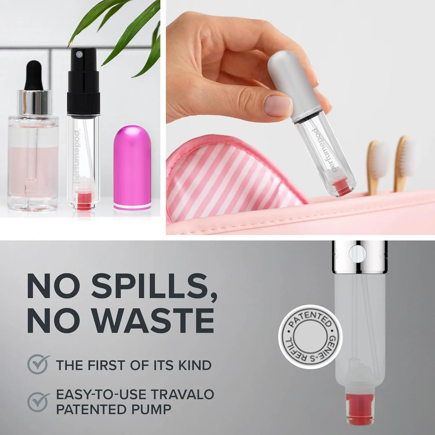 Travalo Pod Pure Perfume Atomizer 3 Pack Bundle - Leak-Proof and TSA Approved for Air Travel - Reusable and Airtight Easy-Fill Mini Pump Sprayer - Lightweight - Perfect Pink, Hot Pink, Gold - 3 Pack