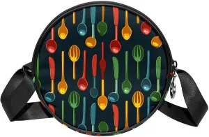 Travel Crossbody Bags for Women, Round, Shoulder Bag, Forks and knives Seamless
