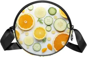 Travel Crossbody Bags for Women, Round, Shoulder Bag, Orange Cucumber and Leaf