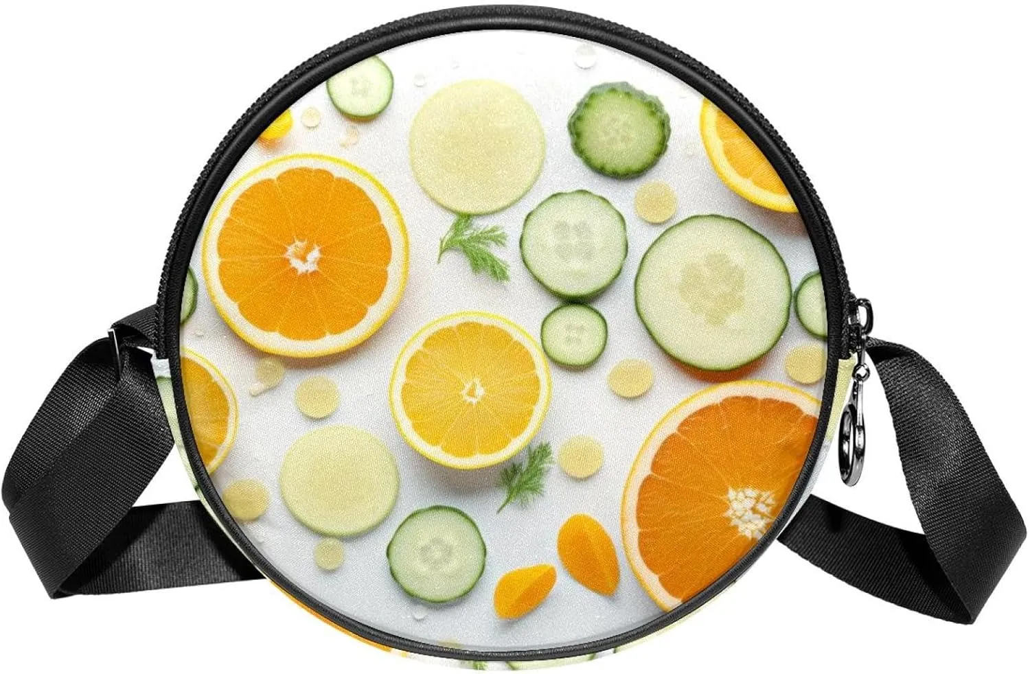 Travel Crossbody Bags for Women, Round, Shoulder Bag, Orange Cucumber and Leaf