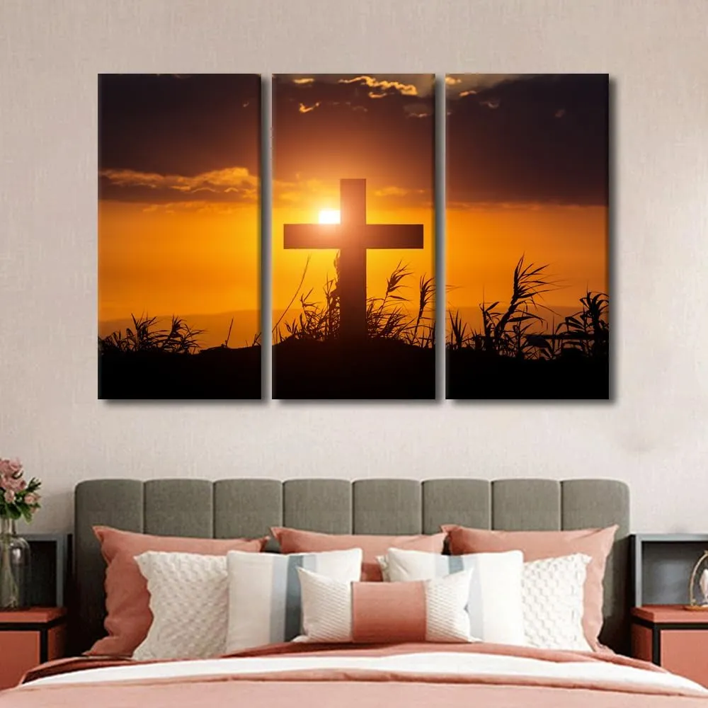TUMOVO 3 Panels Canvas Print Cross on Mountain Top Sunset Wall Art Christian Dunes Landscape Paintings Stretched and Framed Ready to Hang - 60" Wx40 H