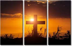 TUMOVO 3 Panels Canvas Print Cross on Mountain Top Sunset Wall Art Christian Dunes Landscape Paintings Stretched and Framed Ready to Hang - 60" Wx40 H