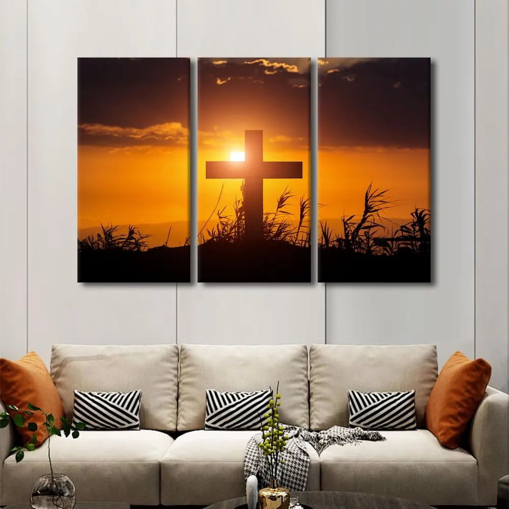 TUMOVO 3 Panels Canvas Print Cross on Mountain Top Sunset Wall Art Christian Dunes Landscape Paintings Stretched and Framed Ready to Hang - 60" Wx40 H