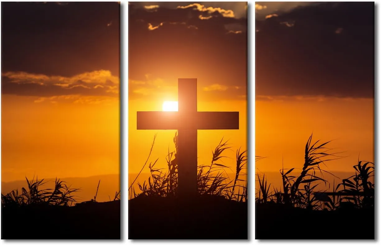 TUMOVO 3 Panels Canvas Print Cross on Mountain Top Sunset Wall Art Christian Dunes Landscape Paintings Stretched and Framed Ready to Hang - 60" Wx40 H