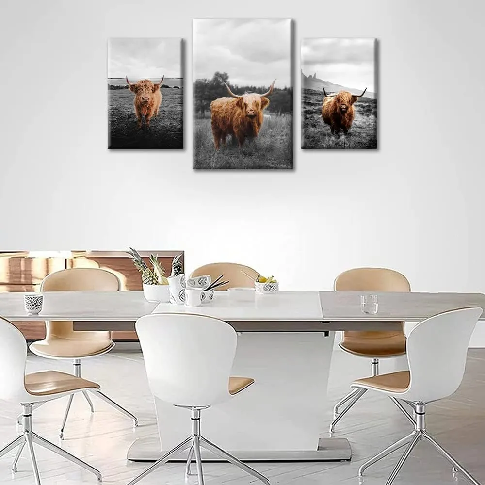 TUMOVO 3 Panels Canvas Wall Art Brown Yak Black Plateau Lake Grassland Pictures Wall Decor Used for Bedroom Living Room Office Home Decor Modern Wall Decor Framed Ready to Hang 40”Wx24”H